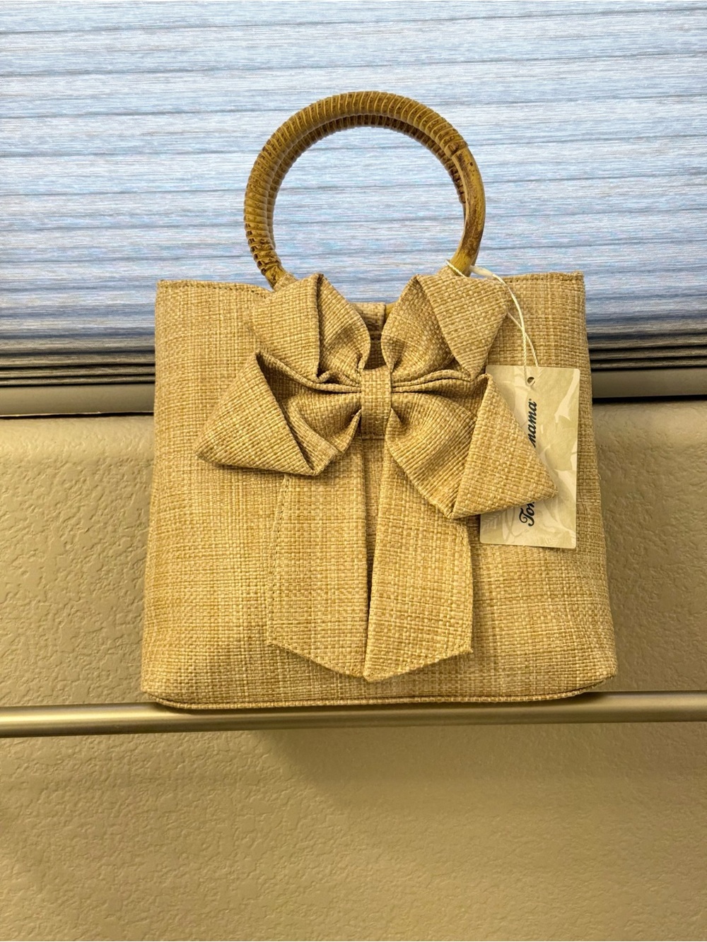 Tommy Bahama Beige Mini Tote with Bow and Bamboo Handles - Picture 3 of 12